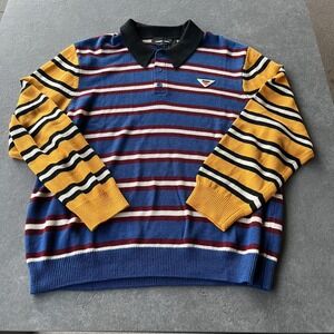 Homme + Femme‎ Sweater Mens 2XL Blue Yellow Striped Knit Polo Collar Long Sleeve